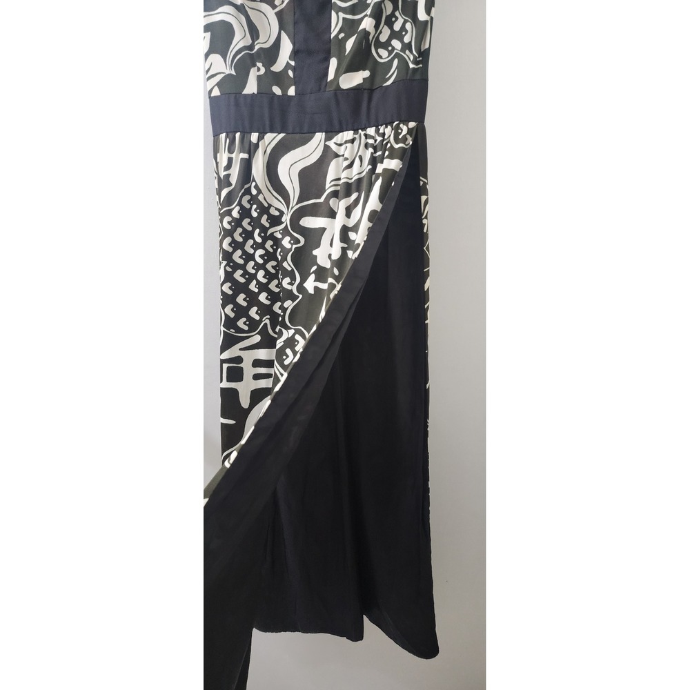 Kenny Classics Vintage Black White Calligraphy Print Maxi Dress Mock Neck Slit - Picture 3 of 9